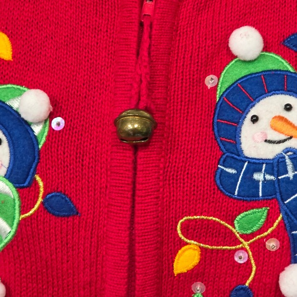 Tiara International Christmas Snowman Holiday Embroidered Red Cardigan L BA - Picture 5 of 9